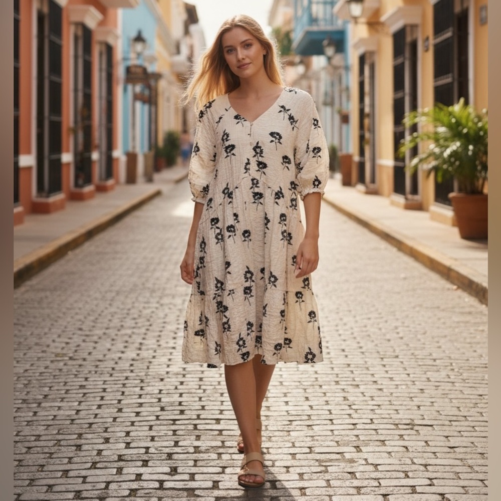 Zara Cream Midi Dress with Black Floral Design